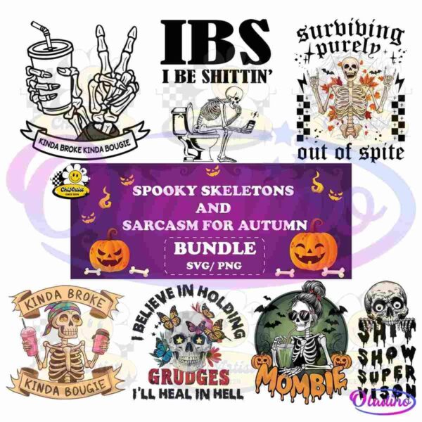 A collection of Halloween-themed digital designs featuring skeletons and humorous text. The designs include phrases like "Spooky Skeletons," "Shift Happens," "Kinda Broke," "Grudge Head," "Mombie," and "Sarcasm for Autumn Bundle." The background is purple with pumpkins.