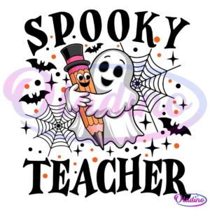 A cheerful cartoon ghost with a wide smile hugs a large, friendly-looking pencil wearing a black top hat with a pink band. Surrounding them are small, bright orange dots, all set against a black background.