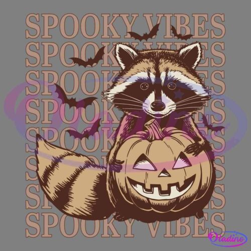 A raccoon is holding a carved jack-o'-lantern pumpkin with both paws in front of a repeated "Spooky Vibes" text background. Bats are flying around the raccoon, contributing to a Halloween-themed design. The image uses a brown and beige color palette.