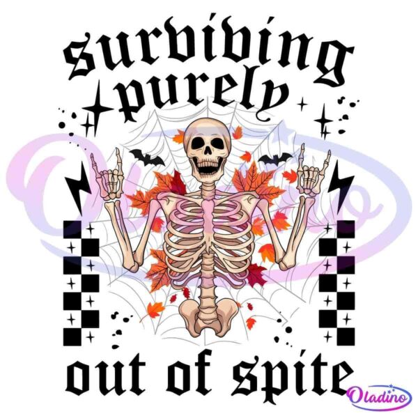 An illustrated skeleton making rock-and-roll hand gestures stands in front of a spider web adorned with autumn leaves. The background is black, creating a striking contrast with the colorful leaves and the white skeleton.