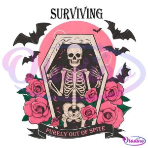 Illustration of a skeleton inside an upright coffin surrounded by pink roses and flying bats. A pink moon is in the background. A banner at the bottom reads "PURELY OUT OF SPITE." The overall color scheme is pink, black, and white.