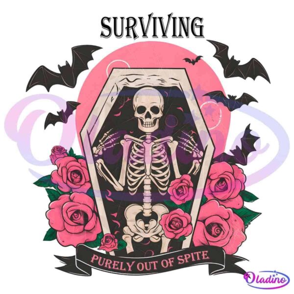 Illustration of a skeleton inside an upright coffin surrounded by pink roses and flying bats. A pink moon is in the background. A banner at the bottom reads "PURELY OUT OF SPITE." The overall color scheme is pink, black, and white.