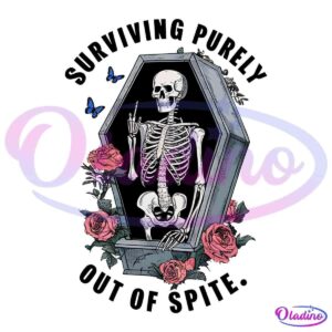 A skeleton sits in an open coffin, raising one hand with an extended middle finger. Surrounding the coffin are blooming pink roses and fluttering blue butterflies, adding a juxtaposition of life and death to the scene.