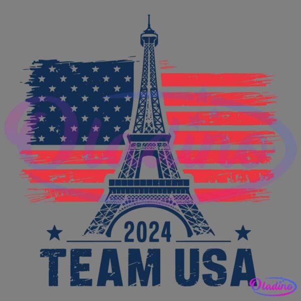 Illustration featuring an outline of the Eiffel Tower in front of a stylized American flag with red and blue stripes and stars, accompanied by the text "2024 TEAM USA" at the bottom.