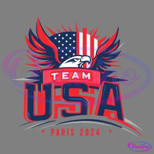 A bold graphic logo for Team USA with a stylized eagle in front of a circular American flag backdrop. The word "TEAM" is written on a ribbon above the large "USA" text, with "Paris 2024" at the bottom, symbolizing the upcoming event.