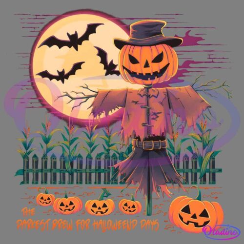 A spooky Halloween scene with a scarecrow featuring a glowing pumpkin head and a black hat. Bats fly across a full moon in the background above a wooden fence and cornfield. Carved pumpkins on the ground spell out "The darkest brew for Halloween days.