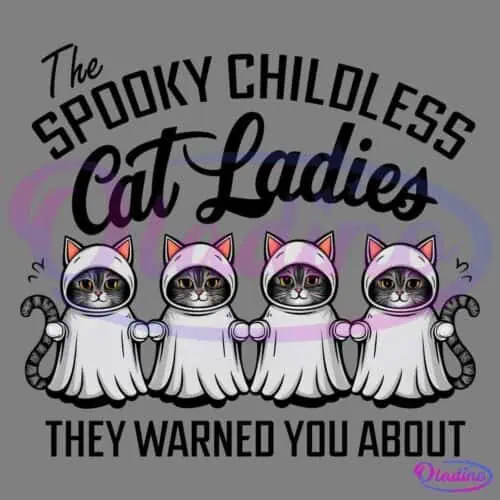 Four cats wearing white ghost costumes with hoods and pink ears stand side by side on a black background. They have serious expressions and their tails hang down, adding to the spooky yet adorable Halloween theme.