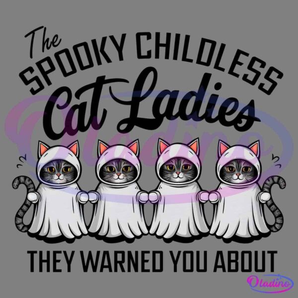 Four cats wearing white ghost costumes with hoods and pink ears stand side by side on a black background. They have serious expressions and their tails hang down, adding to the spooky yet adorable Halloween theme.