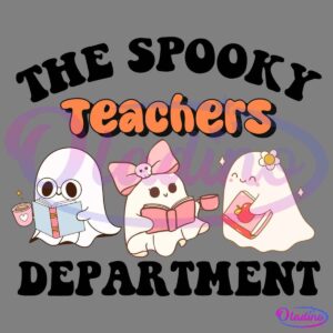 Three cute ghost-like characters are depicted reading books and holding mugs. One wears glasses, another has a pink bow with a skull, and the third has a flower in its "hair." The word "Teachers" is written above them in bold orange letters.