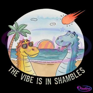 A colorful illustration of two dinosaurs on a beach, with one wearing sunglasses. A palm tree and setting sun are in the background. An asteroid is descending from the sky. The caption reads, "THE VIBE IS IN SHAMBLES.