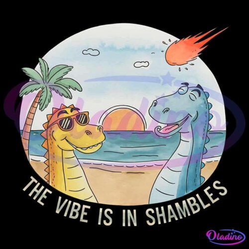 A colorful illustration of two dinosaurs on a beach, with one wearing sunglasses. A palm tree and setting sun are in the background. An asteroid is descending from the sky. The caption reads, "THE VIBE IS IN SHAMBLES.