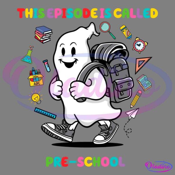 A smiling ghost character wearing sneakers and a backpack is walking happily. Surrounding the ghost are colorful school-related icons