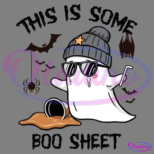 A cute ghost wearing a gray knit hat and sunglasses is happily drinking bubble tea with a straw. The ghost spills some tea on the floor. Bats with glowing eyes and a hanging spider surround the ghost, set against a dark background.