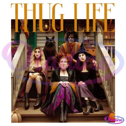 Four people dressed as witches sit on the steps of a decorated porch, with a large black cat behind them. They are adorned in Halloween attire with a "THUG LIFE" text overlay at the top. The porch features autumnal decor, including pumpkins.