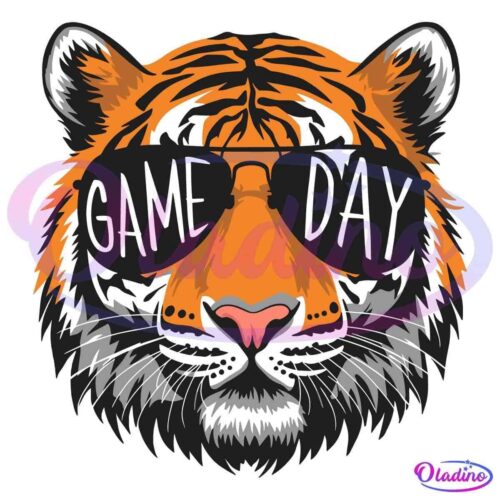 An illustrated tiger face with orange and black stripes wears black sunglasses that have the words "GAME DAY" written on the lenses. The image has a bold and vibrant design against a black background.