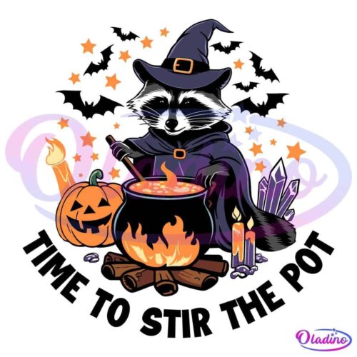 A cartoon raccoon dressed as a witch stirs a cauldron bubbling with a mysterious orange liquid. The scene includes a carved pumpkin, candles, stars, and crystals, evoking a Halloween theme.