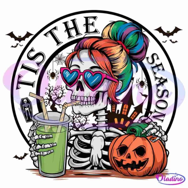 A skeleton with colorful hair in a bun and heart-shaped sunglasses holds a green drink with two straws. In front of them is a carved Jack-o'-lantern. Bats and a spooky house appear in the dark background.