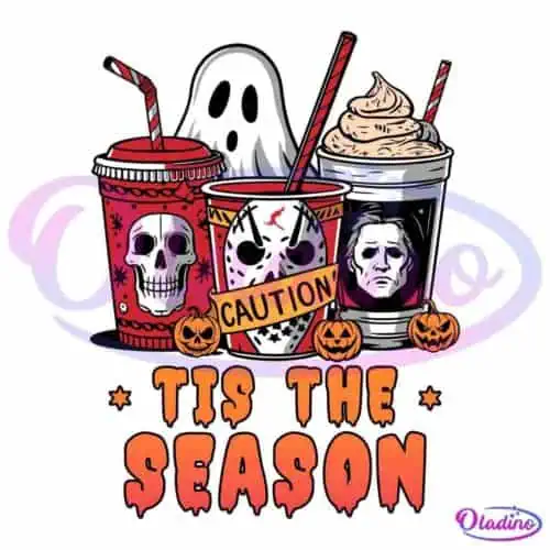 Illustration of three Halloween-themed drink cups with festive designs. The first cup features a skull, the second has warning tape and a haunted house, and the third displays a spooky mask. A ghost floats behind them, flanked by two small pumpkins. Text below reads "TIS THE SEASON.