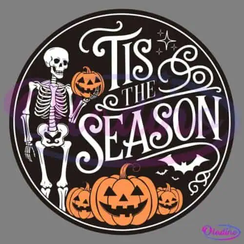 A circular Halloween-themed design features a skeleton holding a Jack-o'-lantern on the left. "Tis the Season" is written in elegant white text. Below the text are three orange Jack-o'-lanterns and a few bats flying in the background.