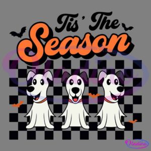 Illustration of three cartoon white dogs with black ears, wearing red collars, sitting in a row. Two small black bats are flying around them. Above the dogs, the word "Season" is written in bold, orange script on a black background.