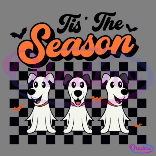 Illustration of three cartoon white dogs with black ears, wearing red collars, sitting in a row. Two small black bats are flying around them. Above the dogs, the word "Season" is written in bold, orange script on a black background.