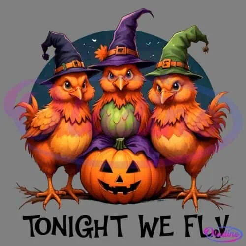 Three orange birds wearing witch hats stand behind a carved pumpkin with a Jack-o'-lantern face. The scene has a Halloween theme under a dark, starry night sky. The birds have serious expressions and the center bird's hat is purple, while the others' hats are green.