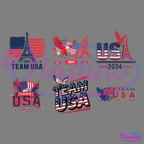 Six Team USA logos featuring American flags, eagles, and the Eiffel Tower. Each design incorporates red, white, and blue colors with "2024" or "Paris 2024" text. Symbols and elements are arranged in various patriotic styles.