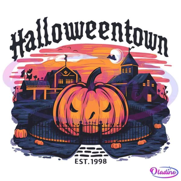 Illustration of a Halloween scene with a giant, sinister-looking pumpkin enclosed by an iron fence. The background features silhouetted spooky buildings, a full moon with a flying witch, and an orange-pink sunset sky. Additional pumpkins are scattered around.