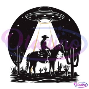 An illustration of a cowboy riding a horse in a desert night scene with cacti. A UFO hovers above, shining a beam of light down onto the cowboy and horse. The background features stars and a large, circular moon or planet.