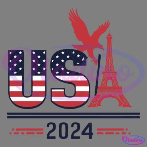 Logo featuring the text "USA 2024" with "USA" filled with stars and stripes. An eagle is perched on the top of the 'A' in "USA," and the Eiffel Tower replaces the 'A' in "2024." Navy blue, red, and white colors are predominant, symbolizing the USA.