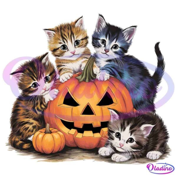 Four adorable kittens gather around a carved pumpkin with a jack-o'-lantern face. Two additional pumpkins, one smaller than the other, are positioned nearby. The kittens, with their various coat patterns, look curiously at the camera.