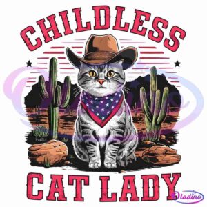 Illustration of a gray cat wearing a brown cowboy hat and a blue bandana with white stars. The cat is set against a desert background with cacti and the text "Childless Cat Lady" in bold red and white letters above and below the cat.