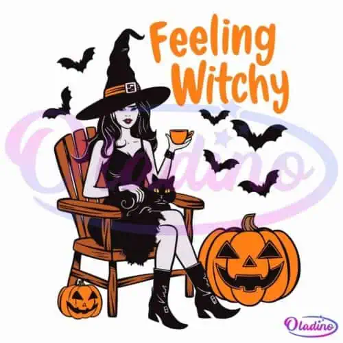 A witch with long black hair, wearing a black dress and hat, sits in a wooden chair holding an orange cup. A black cat is on her lap. Three jack-o'-lanterns and bats surround her. The text "Feeling Witchy" appears at the top in orange font.