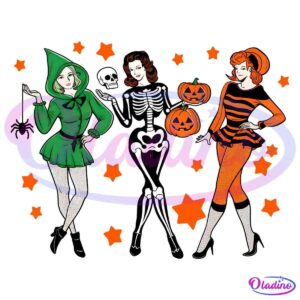 Three women in Halloween costumes are posing against a black background with orange stars. The first is dressed as a green hooded character, the second as a skeleton holding a skull, and the third in an orange and black striped outfit holding jack-o'-lanterns.