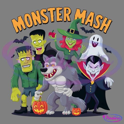 A Halloween-themed cartoon illustration titled "Monster Mash," featuring various monsters: a green Frankenstein's monster, a witch with red hair, a white ghost, a werewolf holding a pumpkin, and a vampire in a black cape.