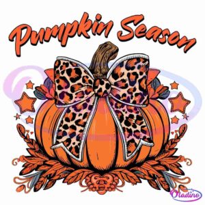 Illustration of an orange pumpkin adorned with a large, leopard-print bow at its stem. Surrounding the pumpkin are autumn leaves and stars. The words "Pumpkin Season" are written in bold, orange cursive at the top. The background is black.