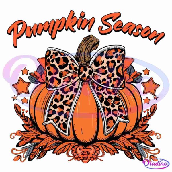 Illustration of an orange pumpkin adorned with a large, leopard-print bow at its stem. Surrounding the pumpkin are autumn leaves and stars. The words "Pumpkin Season" are written in bold, orange cursive at the top. The background is black.