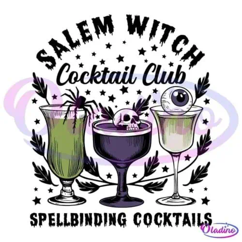 Illustration of a witch wearing a hat above three spooky cocktails. The left drink has a spider, the middle drink has a skull, and the right drink has an eyeball. Text reads "Salem Witch Cocktail Club - Spellbinding Cocktails" on a beige background.