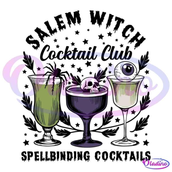 Illustration of a witch wearing a hat above three spooky cocktails. The left drink has a spider, the middle drink has a skull, and the right drink has an eyeball. Text reads "Salem Witch Cocktail Club - Spellbinding Cocktails" on a beige background.