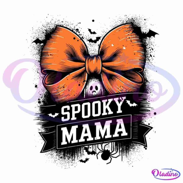 An illustration of an orange bow on a black background, with the words "Spooky Mama" written below it in bold white letters, accompanied by small bat graphics. A ribbon banner extends from the bottom edges of the text.