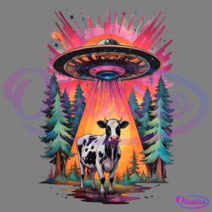 A colorful and surreal illustration of a cow standing in a forest clearing with tall pine trees. Above the cow, a glowing UFO beams down light, creating a vivid, otherworldly scene with splashes of bright colors in the background.