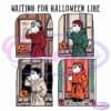 A four-part cartoon shows a person in different colored robes (red, green, beige, orange) sipping from mugs beside a carved pumpkin and standing at various front doors, each scene capturing an autumn ambiance with fallen leaves and Halloween decor.