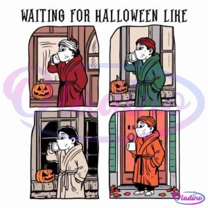 A four-part cartoon shows a person in different colored robes (red, green, beige, orange) sipping from mugs beside a carved pumpkin and standing at various front doors, each scene capturing an autumn ambiance with fallen leaves and Halloween decor.