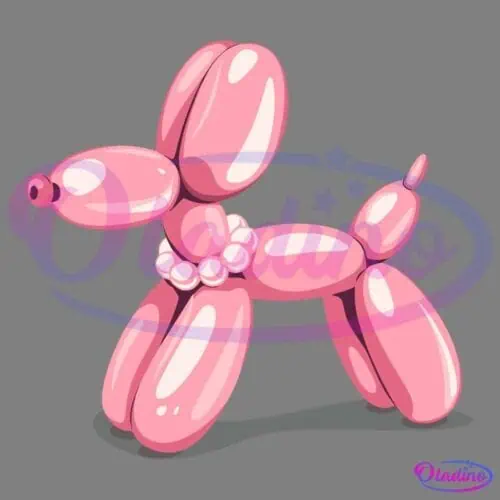 A pink balloon animal shaped like a poodle with a small cluster of white balloons around its neck, standing on a shadowed surface.