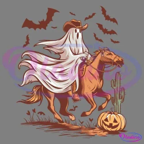 A cartoon ghost wearing a cowboy hat rides a horse past a cactus and a carved pumpkin. Bats are flying in the background. The ghost's white sheet flows behind, giving a sense of motion. The scene is set in a spooky, desert-like environment.