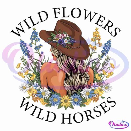 Illustration of a woman with long, wavy blond hair, wearing a wide-brimmed brown hat adorned with flowers, surrounded by various wildflowers. The text "WILD FLOWERS" is at the top and "WILD HORSES" is at the bottom.