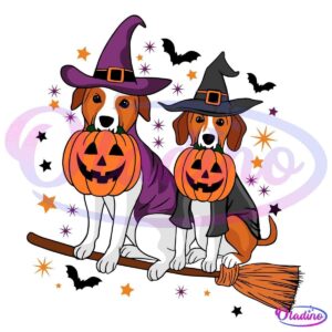 Illustration of two dogs dressed as witches for Halloween. Each holds a jack-o'-lantern in its mouth. The dog on the left wears a purple witch hat and cloak, while the dog on the right wears a black hat and cloak. They sit on a broomstick with bats and stars around them.