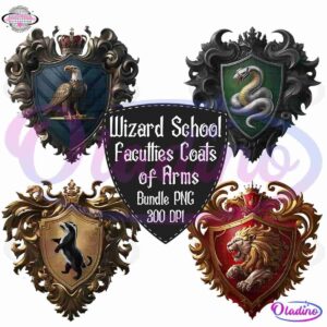 Illustration of four ornate coats of arms representing different wizard school faculties. The crests feature an eagle, a snake, a badger, and a lion, surrounding text that reads "Wizard School Faculties Coats of Arms Bundle PNG 300 DPI.