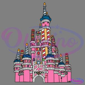 A whimsical, vibrant pink castle with variously colored striped spires and towers. The castle has a playful, cartoon-like design with candles on the spires and the number "25" prominently displayed above the main entrance, celebrating an anniversary.