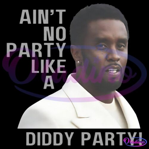 Image of a man dressed in a white suit with the text "AIN'T NO PARTY LIKE A DIDDY PARTY!" in large capital letters on the left side of the image.